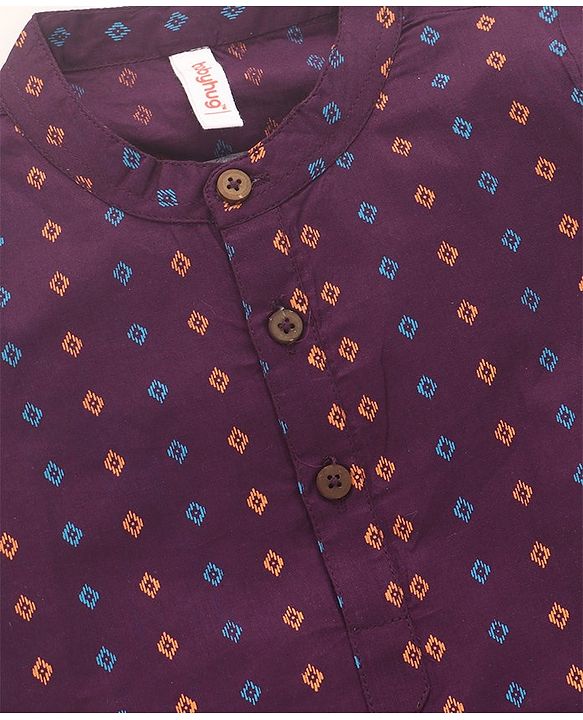 Babyhug Cotton Woven Full Sleeves Kurta & Dhoti Set Square Print - Purple & Orange