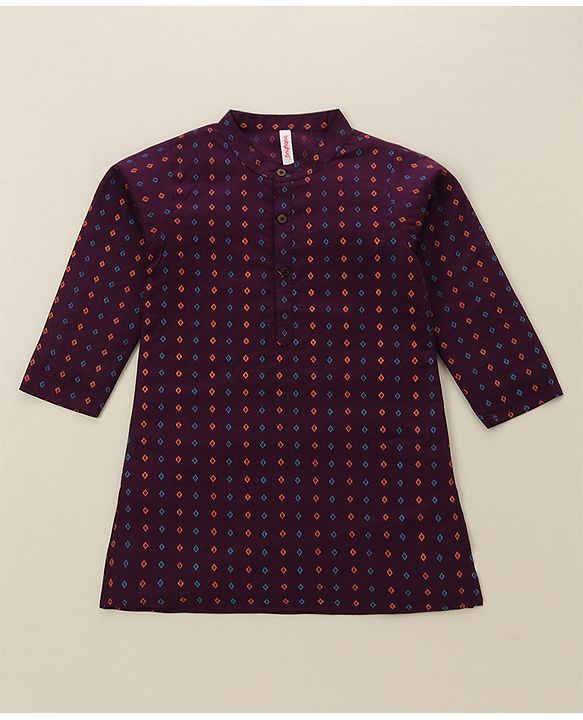 Babyhug Cotton Woven Full Sleeves Kurta & Dhoti Set Square Print - Purple & Orange