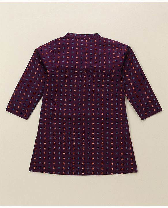 Babyhug Cotton Woven Full Sleeves Kurta & Dhoti Set Square Print - Purple & Orange