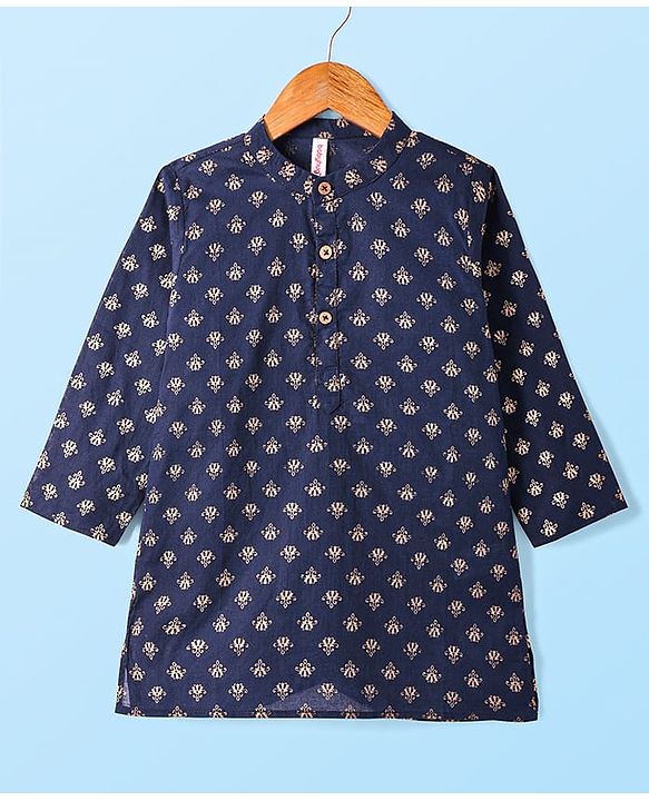 Babyhug Cotton Woven Full Sleeves Foil Printed Kurta & Pyjama Set - Navy Blue