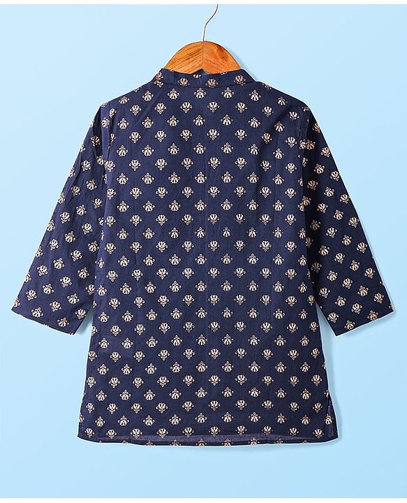 Babyhug Cotton Woven Full Sleeves Foil Printed Kurta & Pyjama Set - Navy Blue