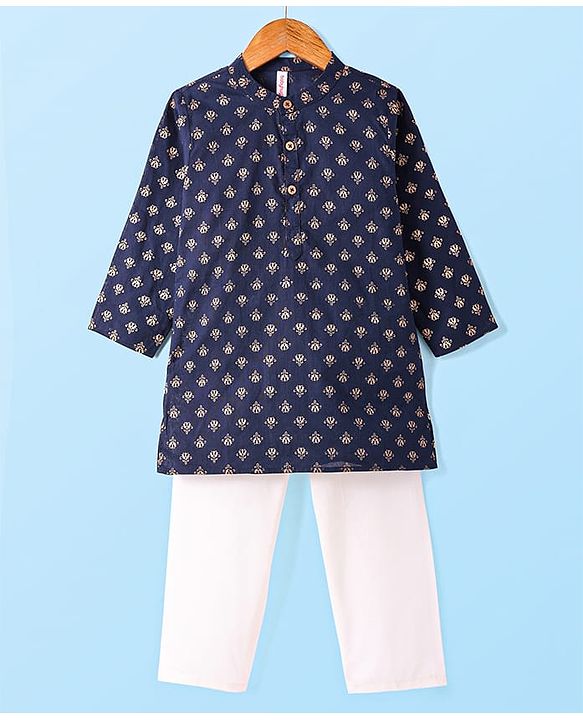 Babyhug Cotton Woven Full Sleeves Foil Printed Kurta & Pyjama Set - Navy Blue