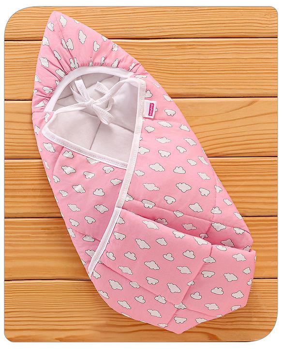 Babyhug Hooded Quilted Cotton Wrapper with Cloud Print- Pink