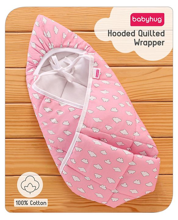 Babyhug Hooded Quilted Cotton Wrapper with Cloud Print- Pink