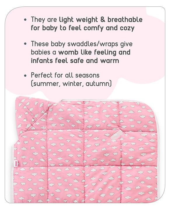 Babyhug Hooded Quilted Cotton Wrapper with Cloud Print- Pink
