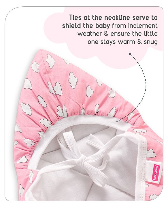 Babyhug Hooded Quilted Cotton Wrapper with Cloud Print- Pink