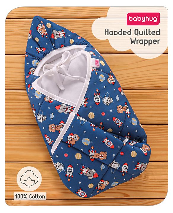 Babyhug Hooded Quilted Cotton Wrapper with Cloud Print- Pink