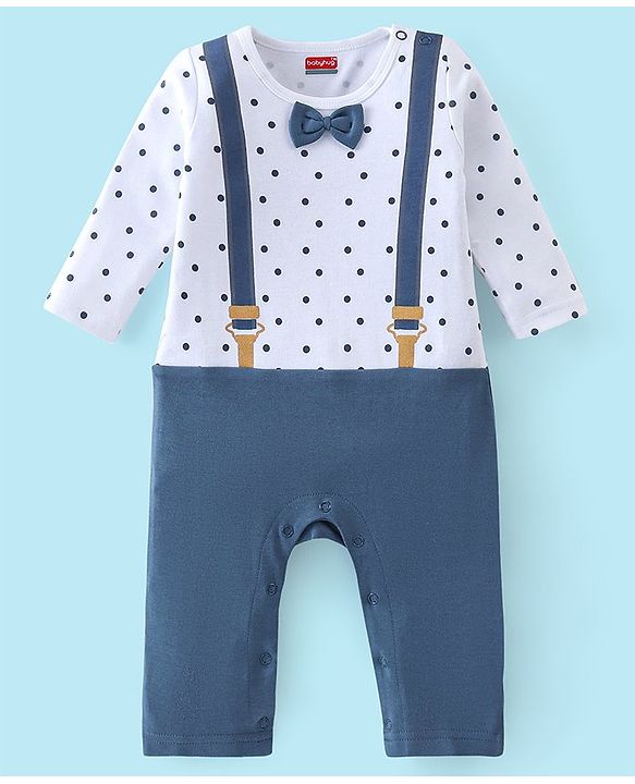 Babyhug 100% Cotton Interlock Knit Full Sleeves Romper With Bow Applique Polka Dot Print - Navy Blue