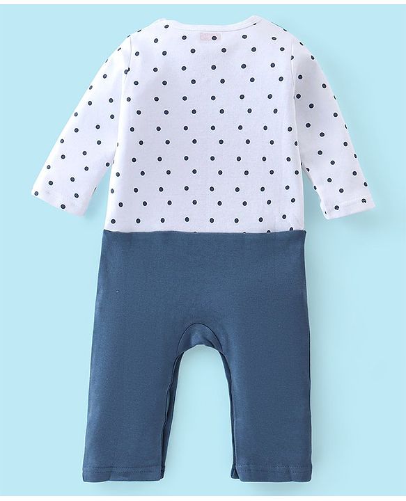 Babyhug 100% Cotton Interlock Knit Full Sleeves Romper With Bow Applique Polka Dot Print - Navy Blue