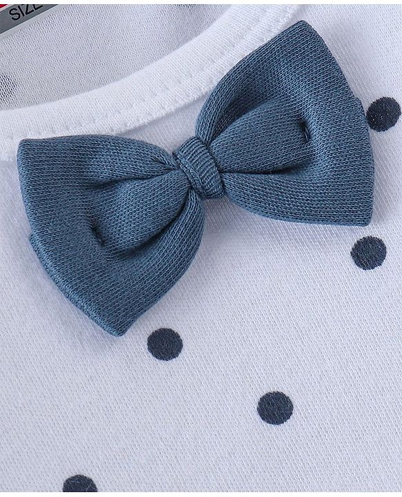Babyhug 100% Cotton Interlock Knit Full Sleeves Romper With Bow Applique Polka Dot Print - Navy Blue