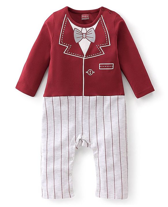 Babyhug Cotton Knit Full Sleeves Romper with Blazer Design - Red & White