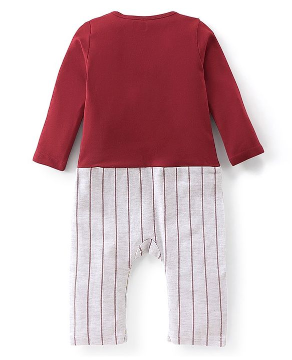 Babyhug Cotton Knit Full Sleeves Romper with Blazer Design - Red & White