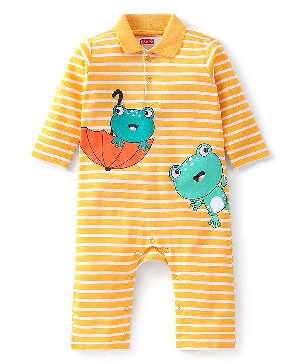 Babyhug 100% Cotton Interlock Knit Romper Stripes & Frog Print - Yellow