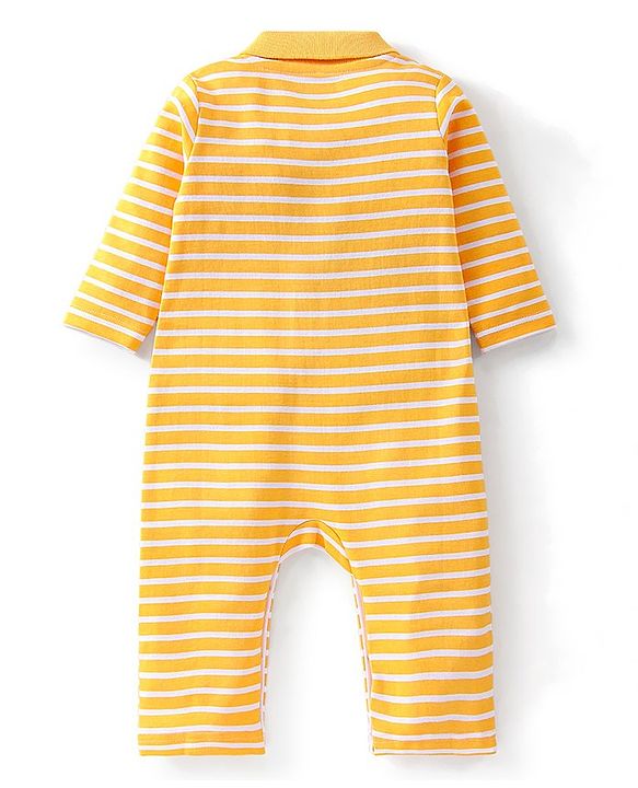 Babyhug 100% Cotton Interlock Knit Romper Stripes & Frog Print - Yellow