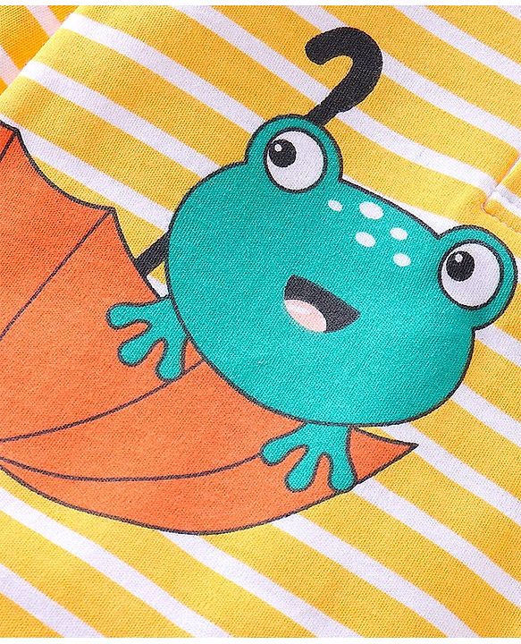 Babyhug 100% Cotton Interlock Knit Romper Stripes & Frog Print - Yellow