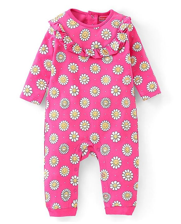 Babyhug 100 % Cotton Floral Printed Full Sleeves  Romper with Hairband & Booties - Pink