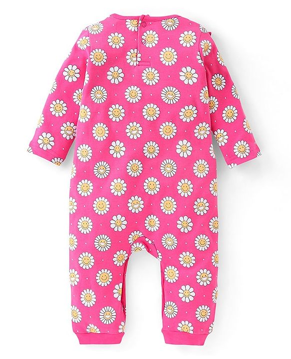 Babyhug 100 % Cotton Floral Printed Full Sleeves  Romper with Hairband & Booties - Pink