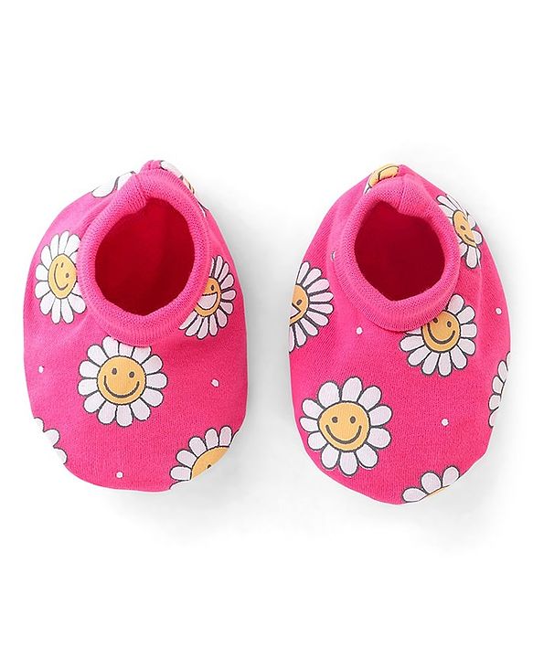 Babyhug 100 % Cotton Floral Printed Full Sleeves  Romper with Hairband & Booties - Pink