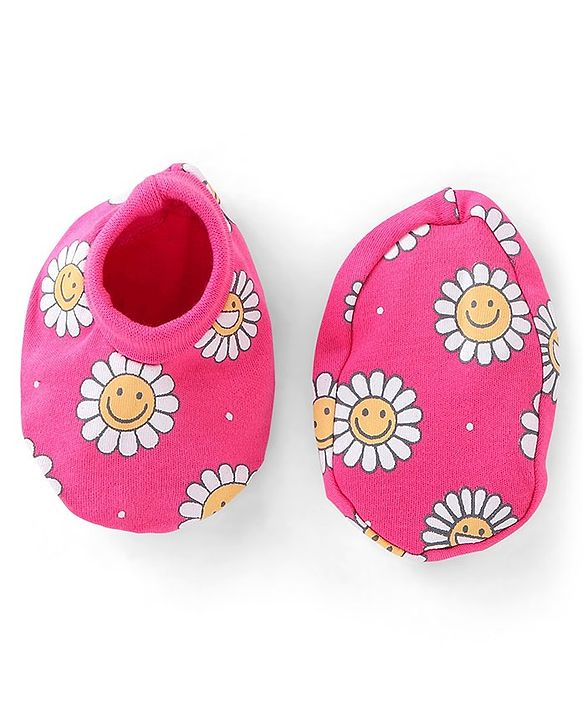 Babyhug 100 % Cotton Floral Printed Full Sleeves  Romper with Hairband & Booties - Pink
