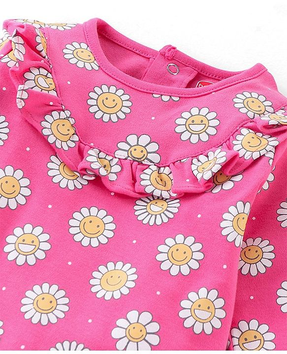 Babyhug 100 % Cotton Floral Printed Full Sleeves  Romper with Hairband & Booties - Pink