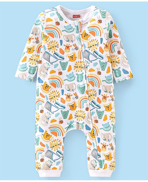 Babyhug 100% Cotton Knit Full Sleeves Rainbow & Kitty Printed Romper - Multicolour