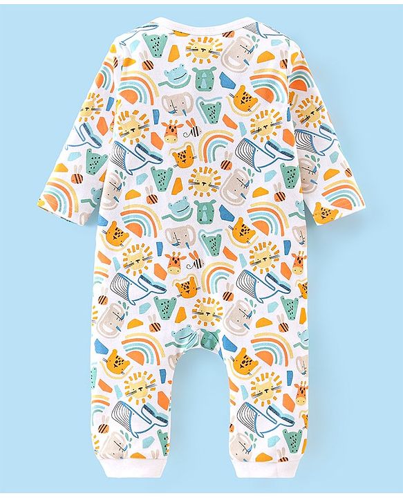 Babyhug 100% Cotton Knit Full Sleeves Rainbow & Kitty Printed Romper - Multicolour