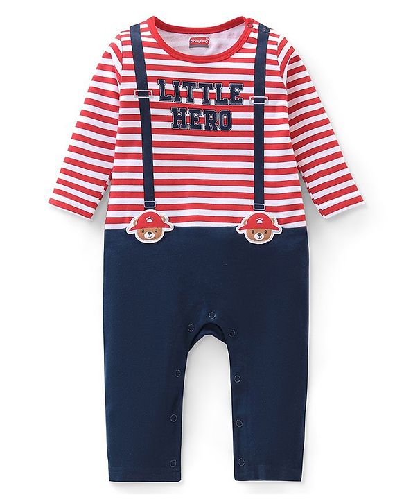 Babyhug 100% Cotton Knit Full Sleeves Striped Romper with Teddy Applique & Text Print - Red & Navy Blue