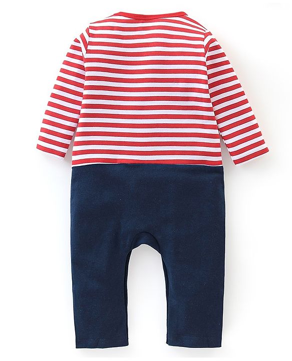 Babyhug 100% Cotton Knit Full Sleeves Striped Romper with Teddy Applique & Text Print - Red & Navy Blue