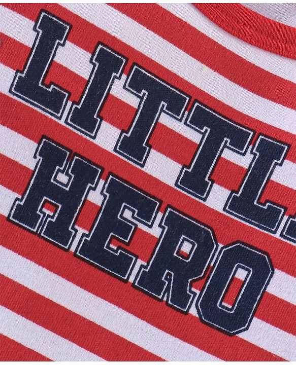Babyhug 100% Cotton Knit Full Sleeves Striped Romper with Teddy Applique & Text Print - Red & Navy Blue