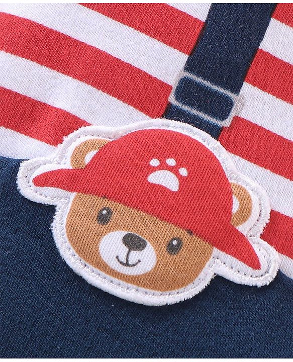Babyhug 100% Cotton Knit Full Sleeves Striped Romper with Teddy Applique & Text Print - Red & Navy Blue
