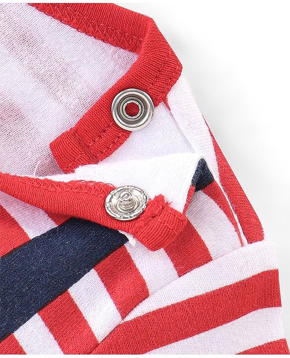 Babyhug 100% Cotton Knit Full Sleeves Striped Romper with Teddy Applique & Text Print - Red & Navy Blue