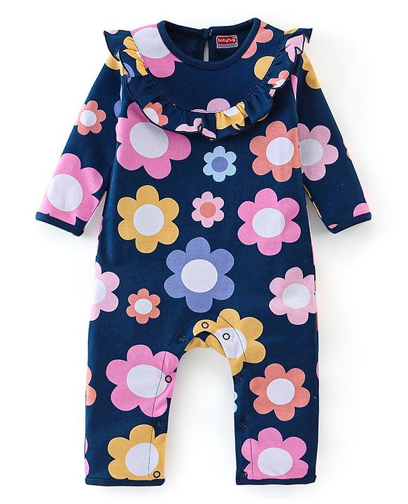 Babyhug 100% Cotton Interlock Knit Full Sleeves Romper Floral Print - Navy Blue