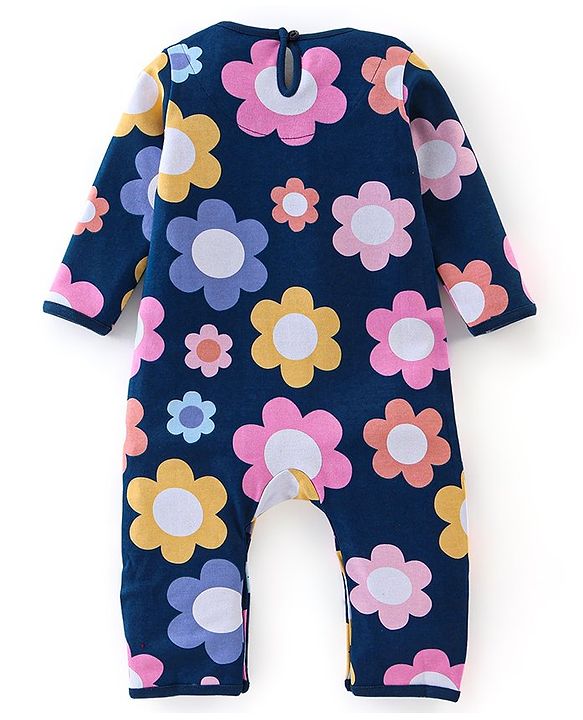 Babyhug 100% Cotton Interlock Knit Full Sleeves Romper Floral Print - Navy Blue