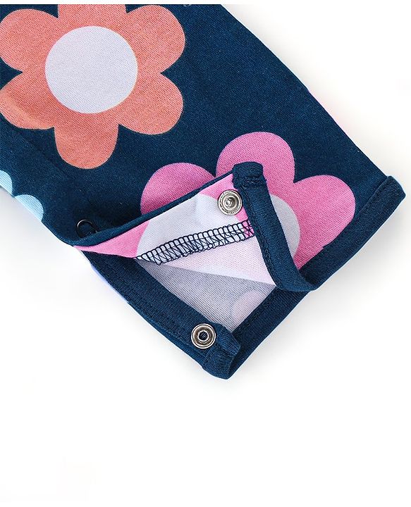 Babyhug 100% Cotton Interlock Knit Full Sleeves Romper Floral Print - Navy Blue