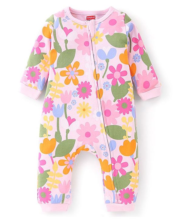 Babyhug 100% Cotton Knit Full Sleeves Floral Print Romper - Multicolour