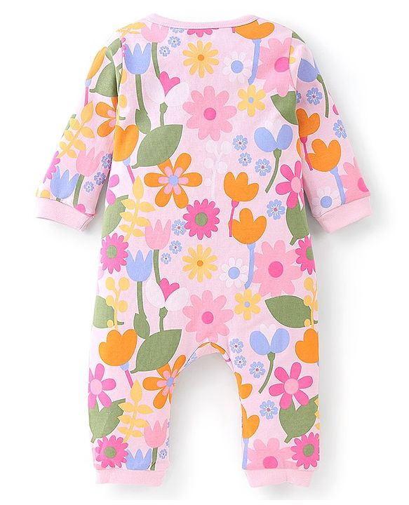 Babyhug 100% Cotton Knit Full Sleeves Floral Print Romper - Multicolour