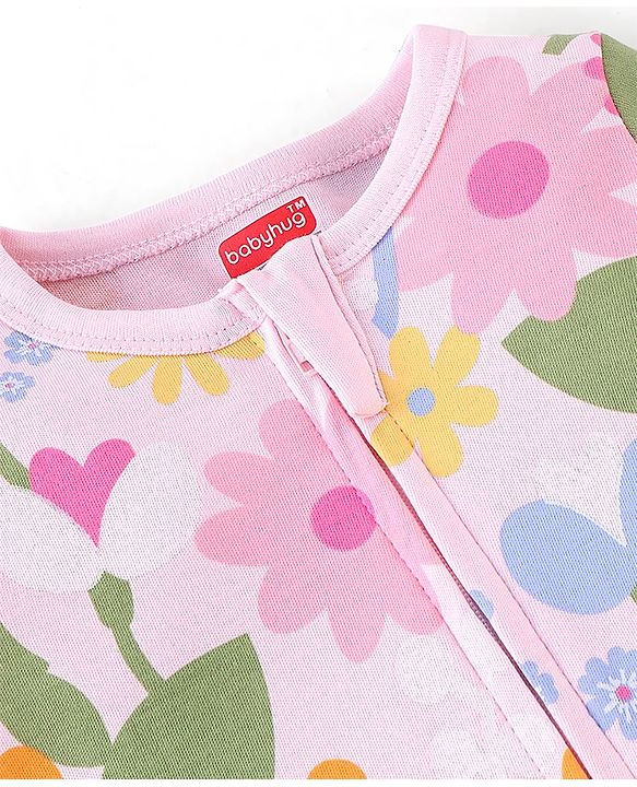 Babyhug 100% Cotton Knit Full Sleeves Floral Print Romper - Multicolour