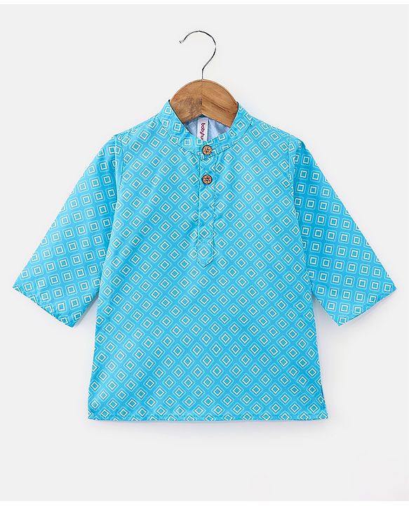 Babyhug Cotton Woven Full Sleeves Kurta & Dhoti Set Square Print - Blue & White