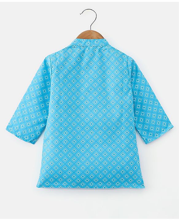 Babyhug Cotton Woven Full Sleeves Kurta & Dhoti Set Square Print - Blue & White