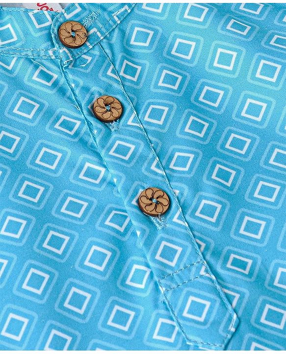 Babyhug Cotton Woven Full Sleeves Kurta & Dhoti Set Square Print - Blue & White