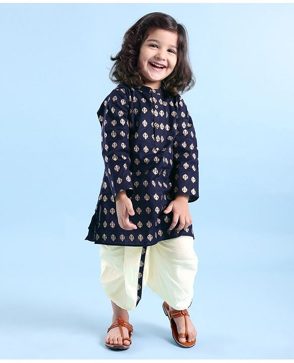 Babyhug 100% Cotton Knit Foil Printed Full Sleeves Kurta with Dhoti Set - Navy Blue