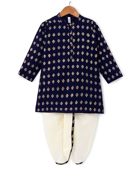 Babyhug 100% Cotton Knit Foil Printed Full Sleeves Kurta with Dhoti Set - Navy Blue