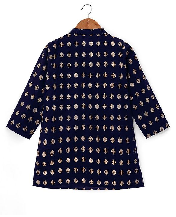 Babyhug 100% Cotton Knit Foil Printed Full Sleeves Kurta with Dhoti Set - Navy Blue