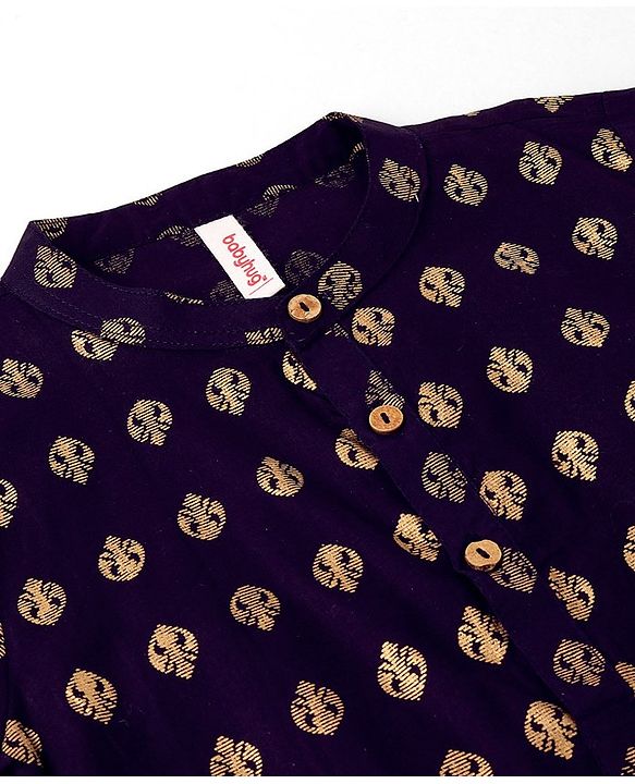 Babyhug 100% Cotton Knit Foil Printed Full Sleeves Kurta with Dhoti Set - Navy Blue