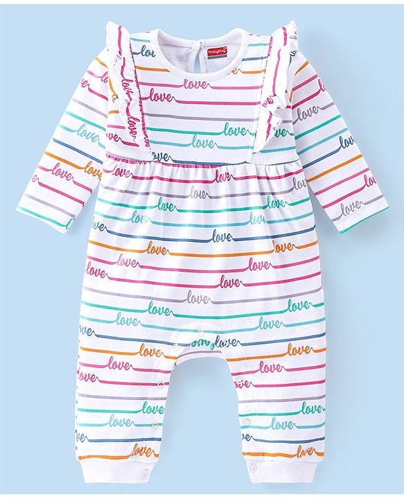 Babyhug 100% Cotton Interlock Knit Full Sleeves Romper Stripes & Text Print - White