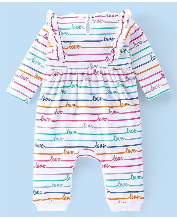 Babyhug 100% Cotton Interlock Knit Full Sleeves Romper Stripes & Text Print - White