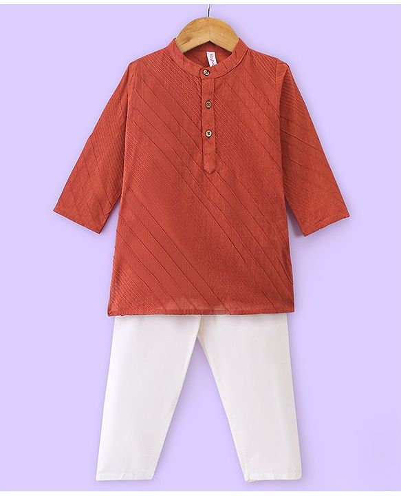 Babyhug Cotton Handloom Dobby Full Sleeves Kurta & Pyjama Set - Red & White