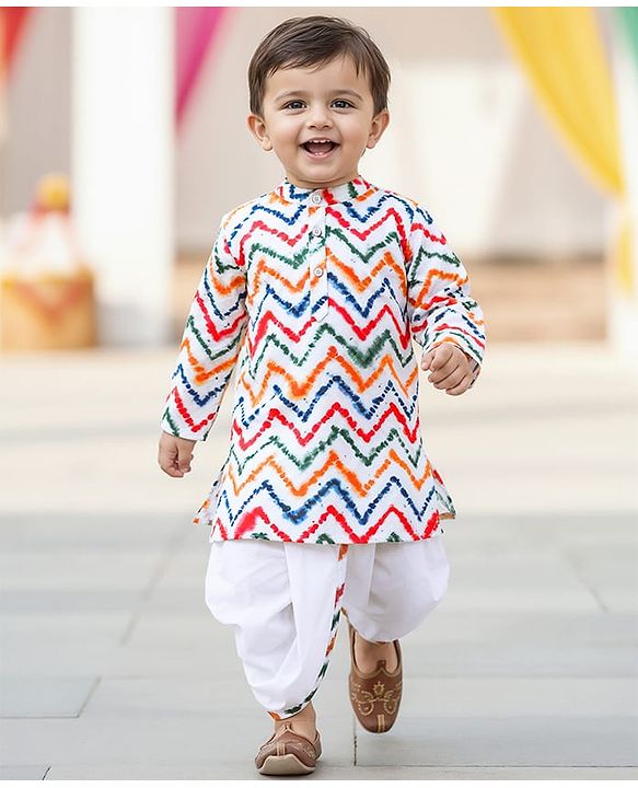 Babyhug Cotton Woven Full Sleeves Printed Kurta Dhoti Set - White