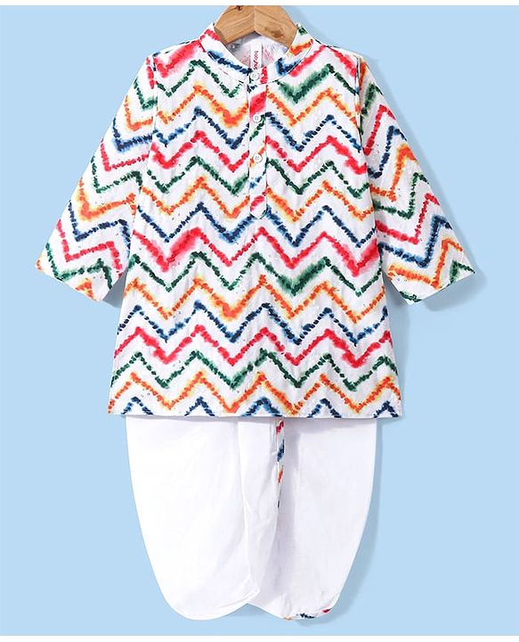 Babyhug Cotton Woven Full Sleeves Printed Kurta Dhoti Set - White