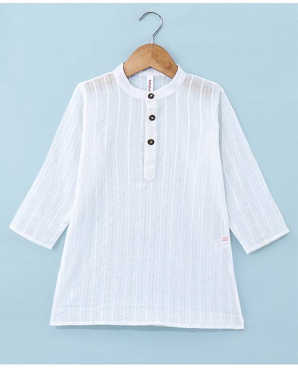 Babyhug Cotton Woven Full Sleeves Embroidered Stripes Handloom Dobby Kurta & Dhoti Set - White